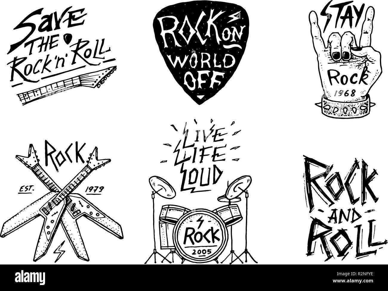 Set of Rock and Roll music symbols with Drums, Plectrum and machete. labels, logos. Heavy metal templates for design t-shirt, night party and festival. Hand drawn. Engraved sketch. Stock Vector