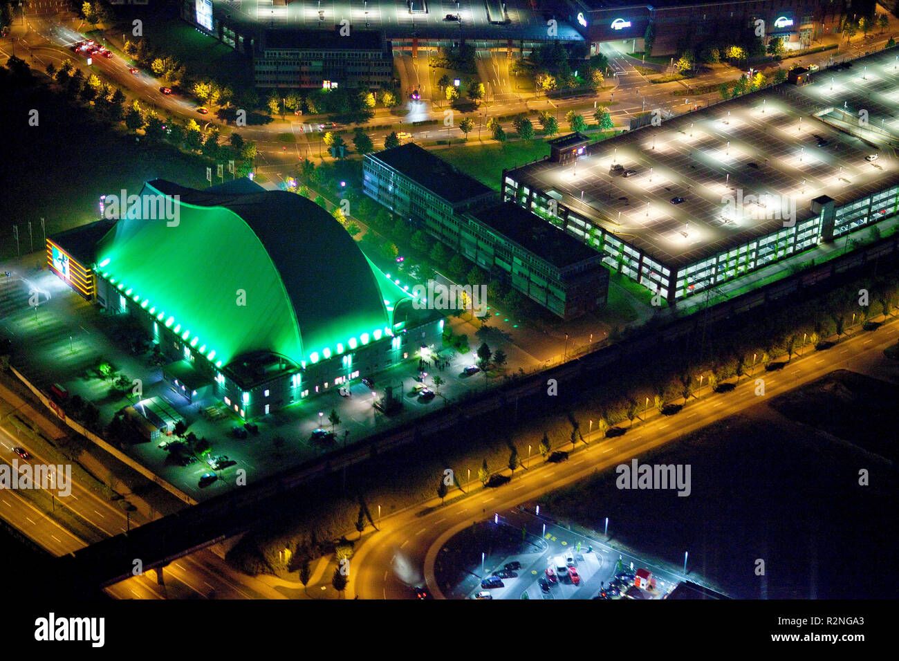 Aerial view, Night shot, Neue Mitte with gasometer, Centro, new water park, Theater at night, Oberhausen, Ruhr area, North Rhine-Westphalia, Germany, Europe, Stock Photo