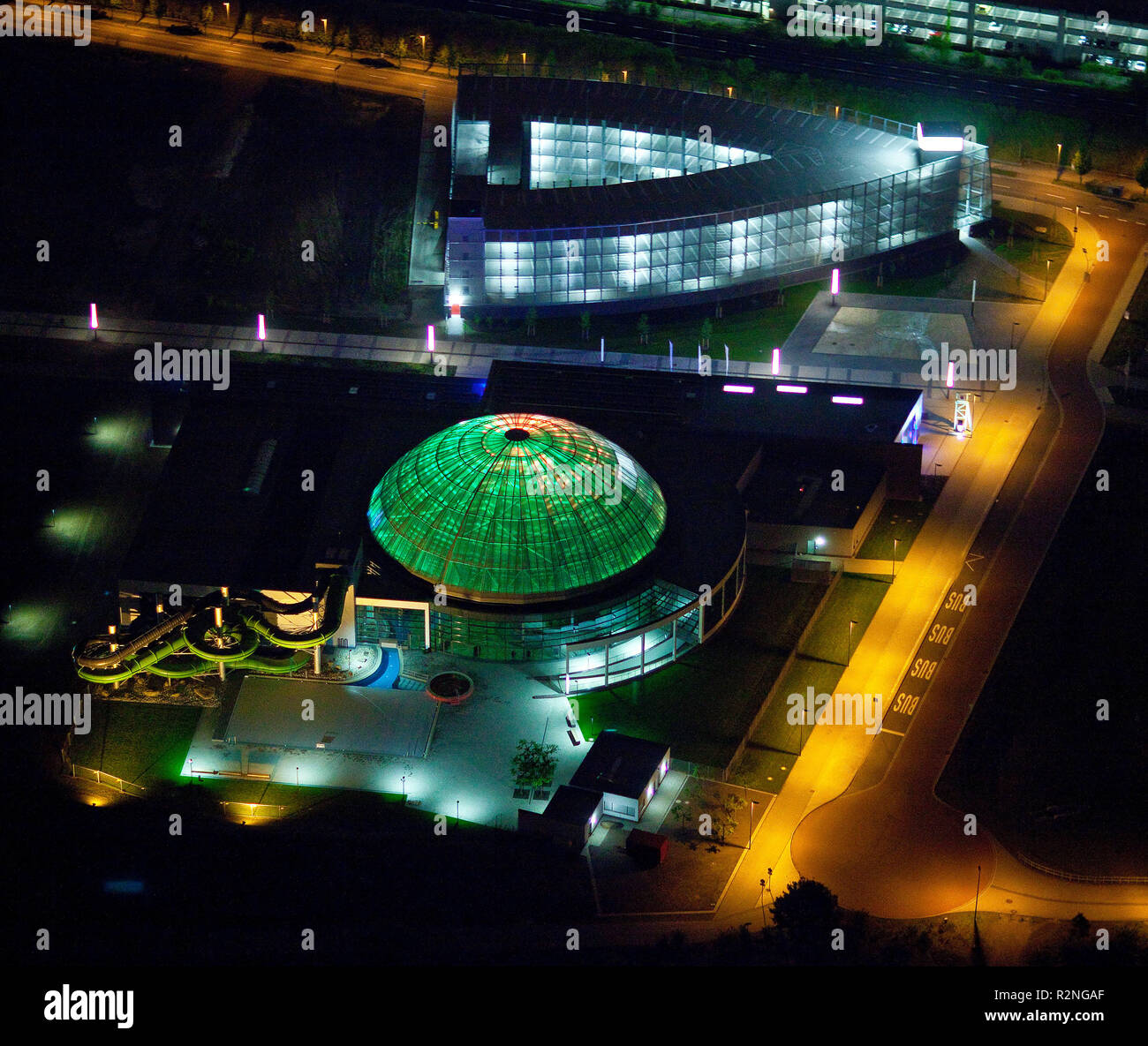 Aerial view, Night shot, Neue Mitte with gasometer, Centro, new water park, Theater at night, Oberhausen, Ruhr area, North Rhine-Westphalia, Germany, Europe, Stock Photo