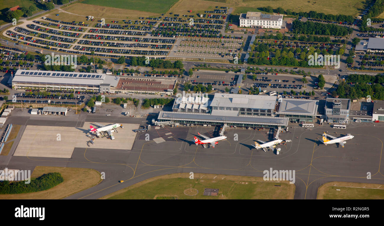 Aerial view, Paderborn / Lippstadt Airport, Eurowings, Germanwings, holiday airline, parking lots, runway, Aerial view, Büren, Paderborn, North Rhine-Westphalia, Germany, Europe, Stock Photo