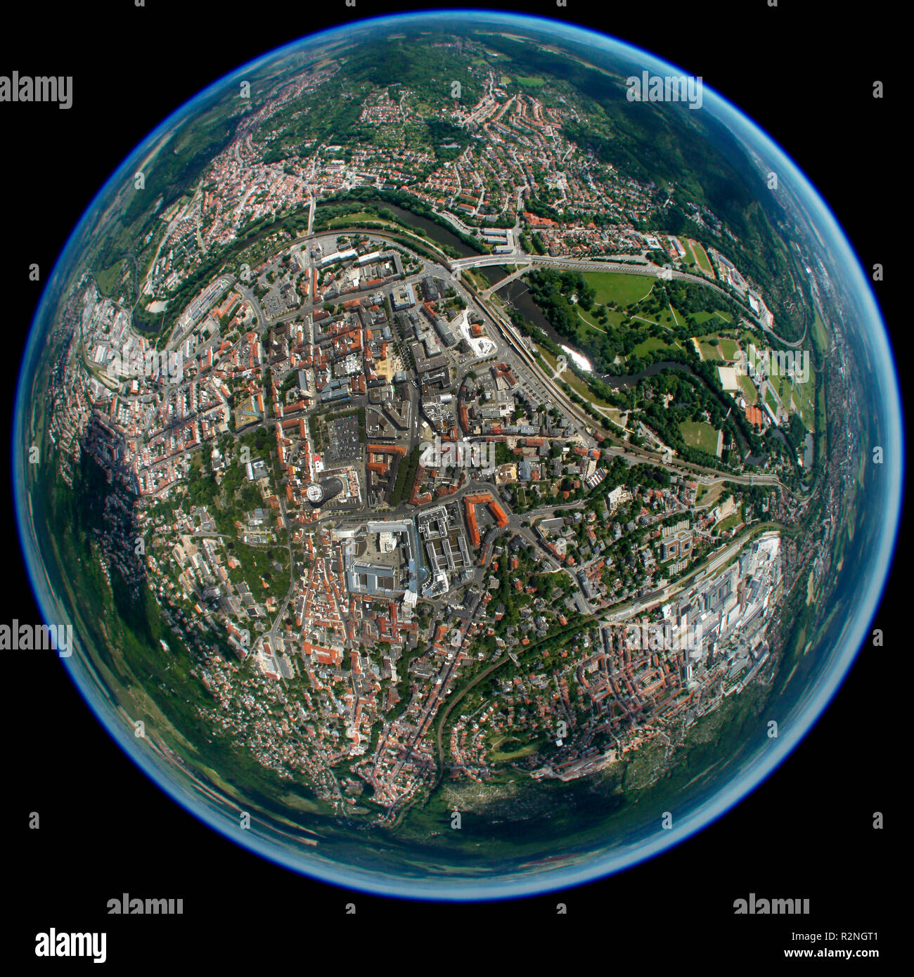Aerial view, Jentower, Jenoptik, city center, University of Jena, aerial view, Grietgasse, Jena, Thuringia, Germany, Europe, fisheye, fisheye lens, round Stock Photo