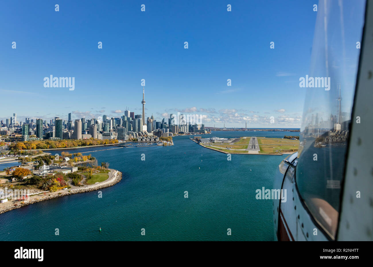 An aerial view approaching Billy Bishop Airport from the west, Toronto Stock Photo