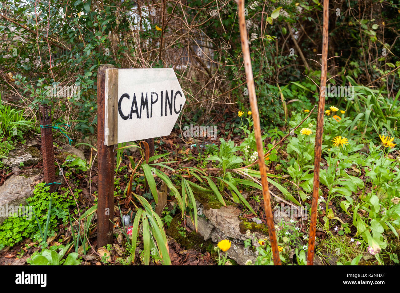 Homemade Camping sign in Schull, West Cork, Ireland. Stock Photo