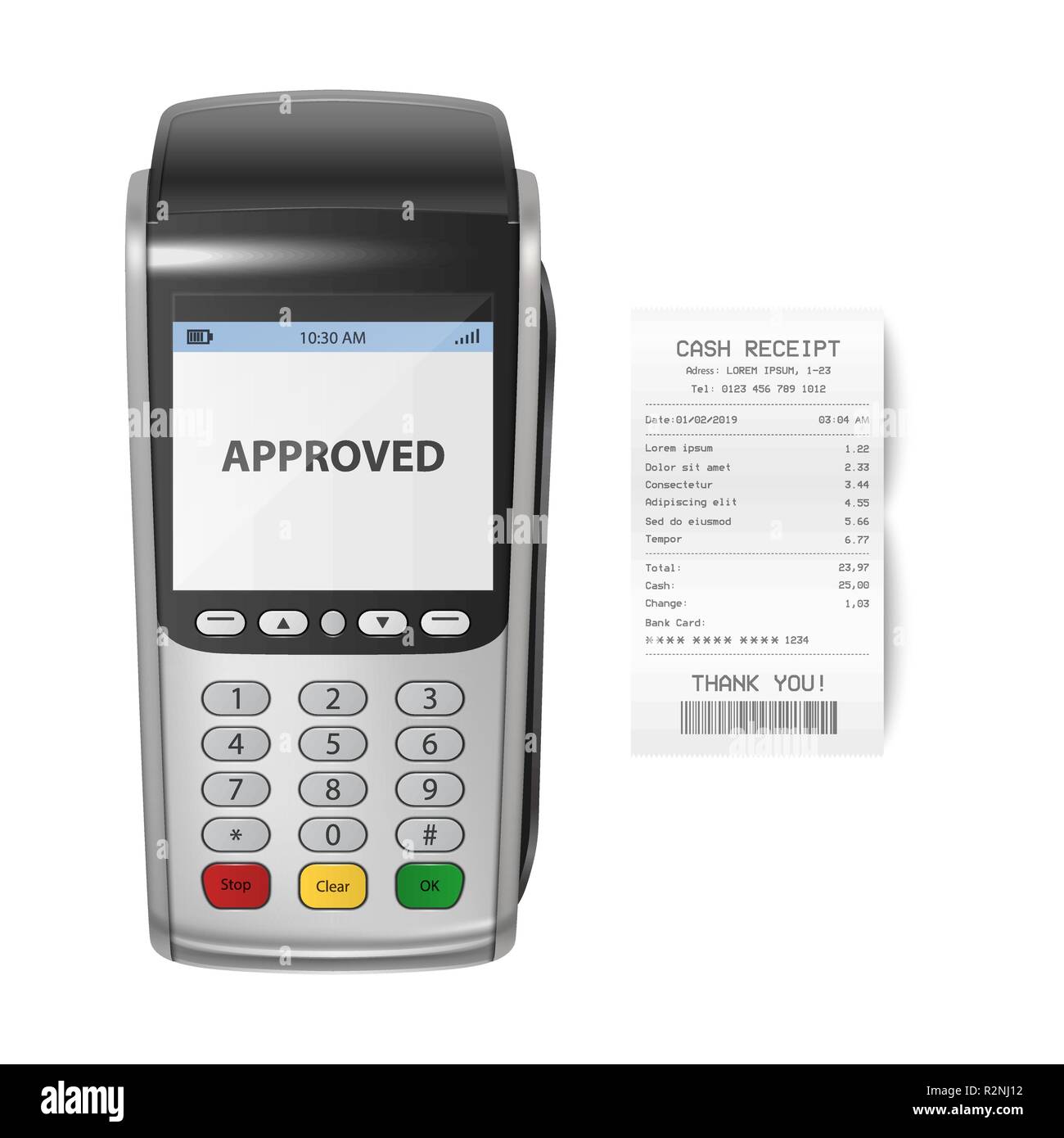 Vector Realistic Silver 3d Payment Machine. POS Terminal with Receipt