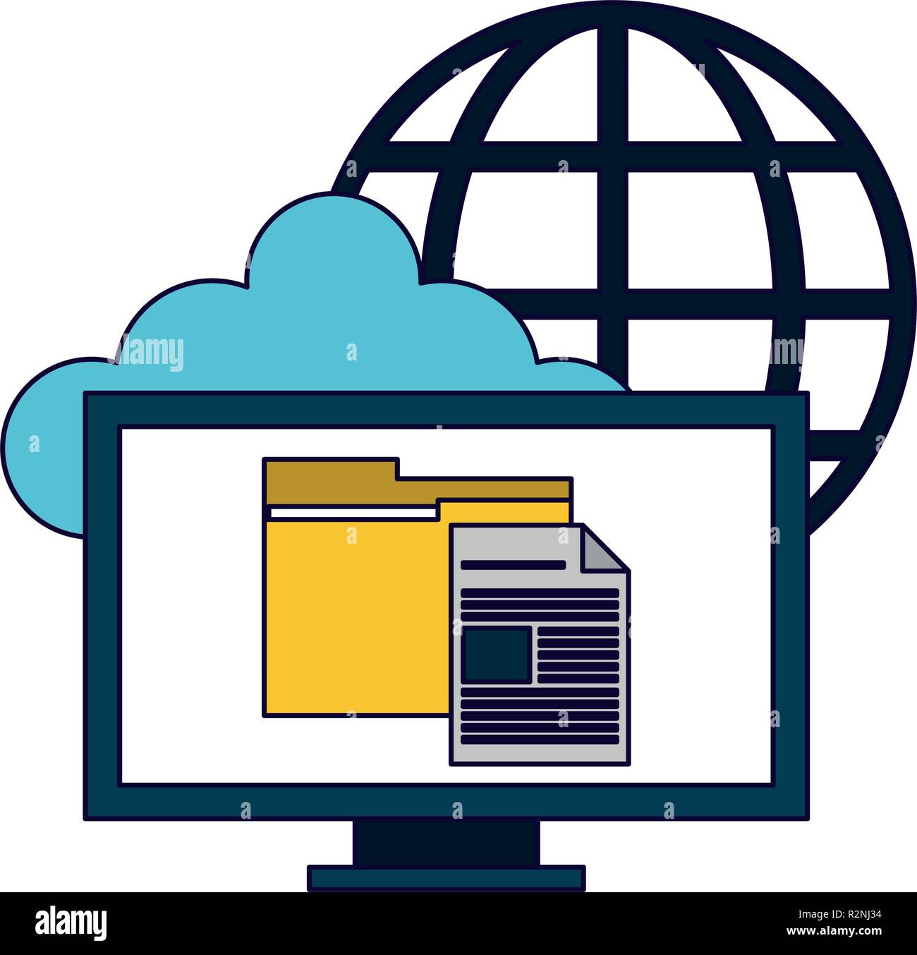 computer with information on cloud computing vector illustration ...