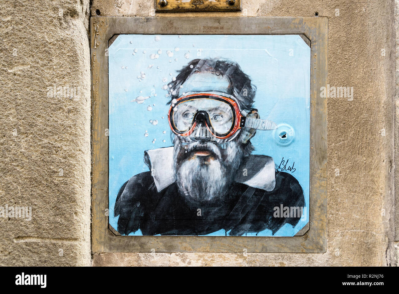 Florence, street art, paste-up, blub, diving mask Stock Photo