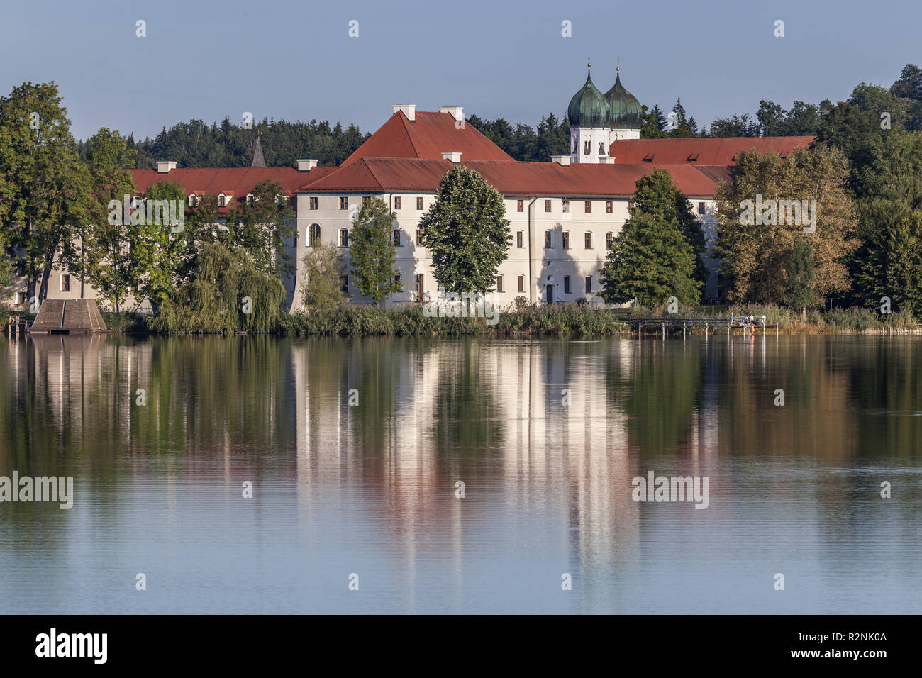 Seeon Abbey on Seeoner lake, Seeon, Seeon-Seebruck, Chiemgau, Upper Bavaria, Bavaria, Southern Germany, Germany, Europe Stock Photo