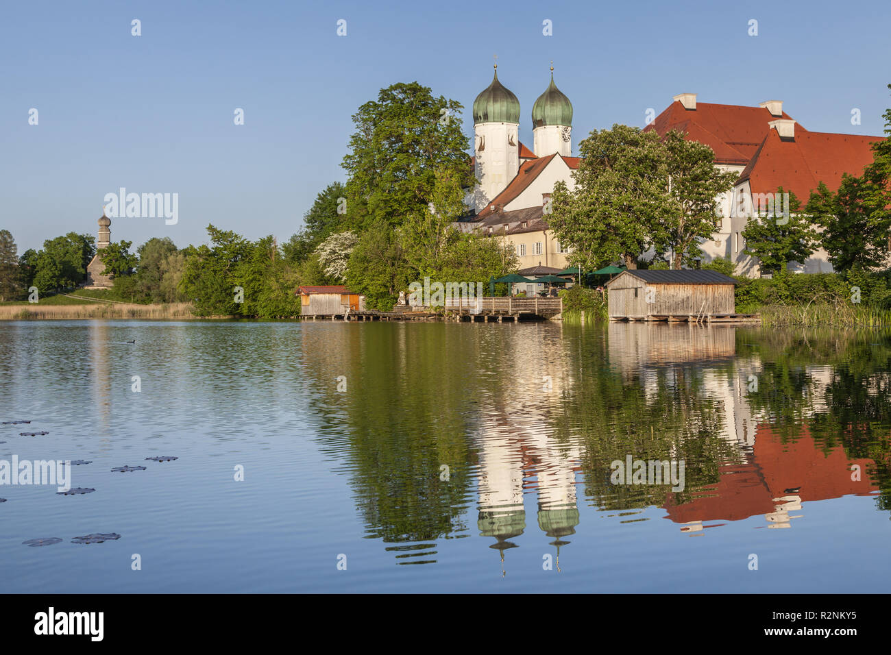 Seeon Abbey on Seeoner lake, Seeon, Seeon-Seebruck, Chiemgau, Upper Bavaria, Bavaria, Southern Germany, Germany, Europe Stock Photo