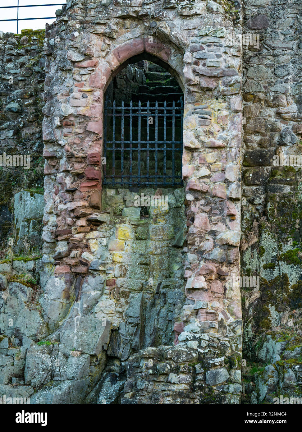 14th century ruined Hailes Castle seen from Tyne River in Winter light, East Lothian, Scotland, UK Stock Photo