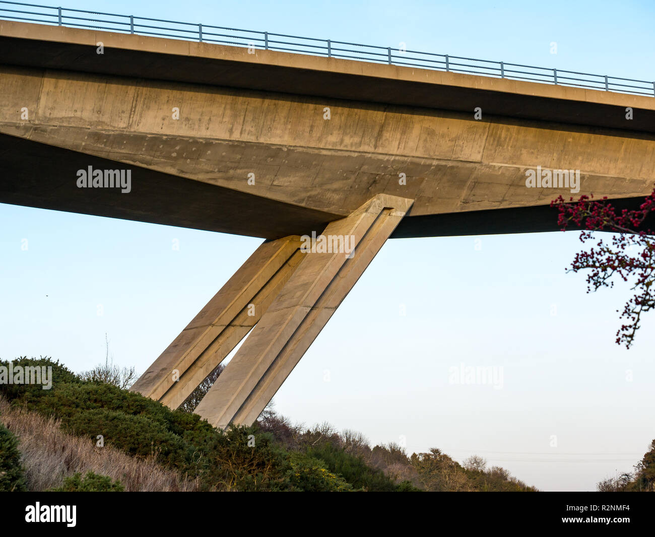 River Tyne concrete flyover bridge by Balfour Beatty Civil Engineering on A1 dual carriageway from below, East Lothian, Scotland, UK Stock Photo