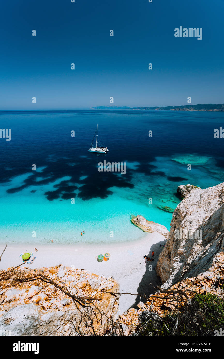 Fteri beach, Cephalonia Kefalonia, Greece. White catamaran yacht in ...