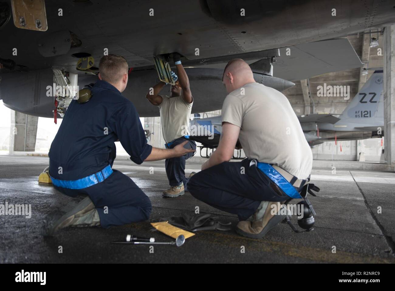 U.S. Air Force Airmen from the 44th Aircraft Maintenance Unit perform ...