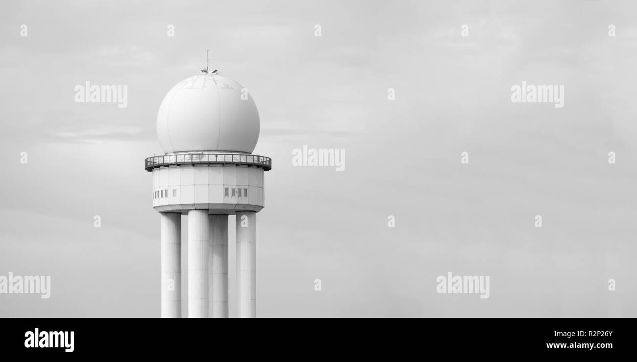 RRP 117 Radar Tower In Public City Park Tempelhofer Feld, Former Tempelhof Airport In Berlin, Germany, Black And White Stock Photo