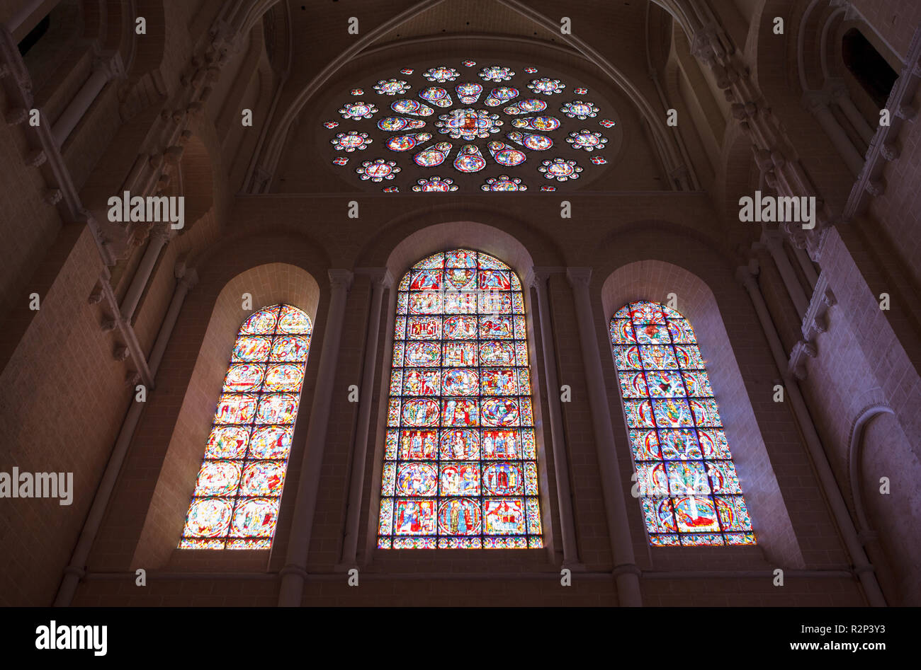 West rose and stained glasses of nave of Chartres Cathedral (Cathedrale