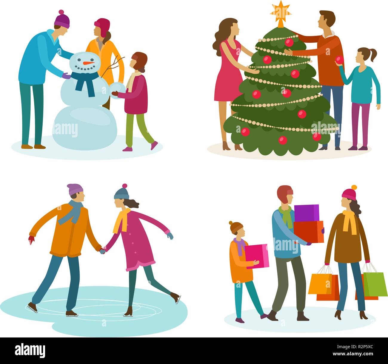 Set of people. Winter activity, Christmas concept. Cartoon vector illustration Stock Vector