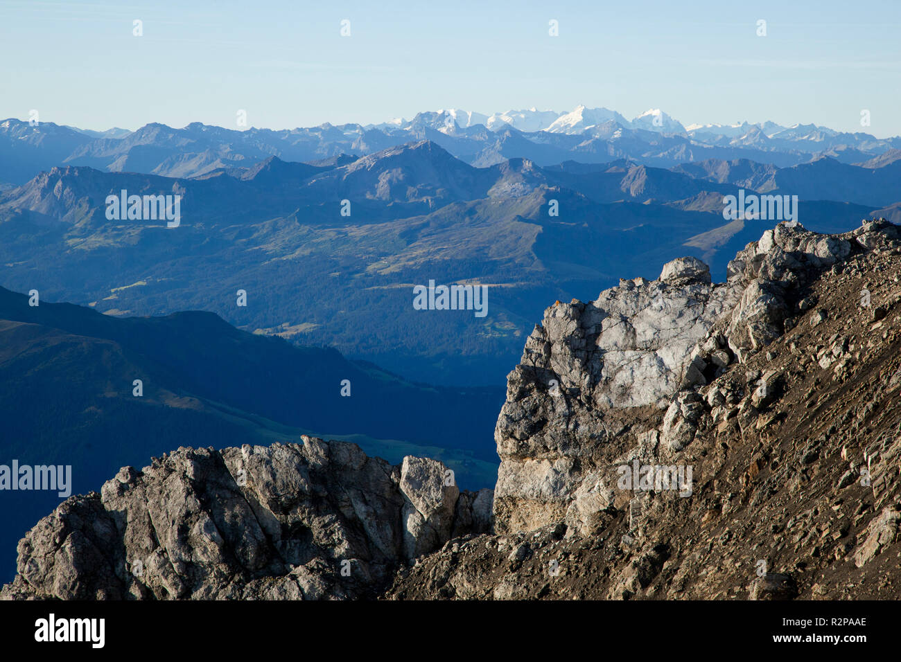 Rock layers and panorama on Schesaplana Mountain, Rätikon Mountain Range, Vorarlberg, Austria Stock Photo