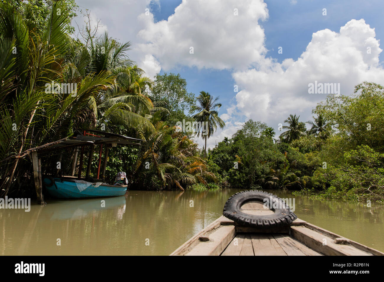 Calm side channel with lush vegetation on a boat tour in the Mekong Delta Stock Photo