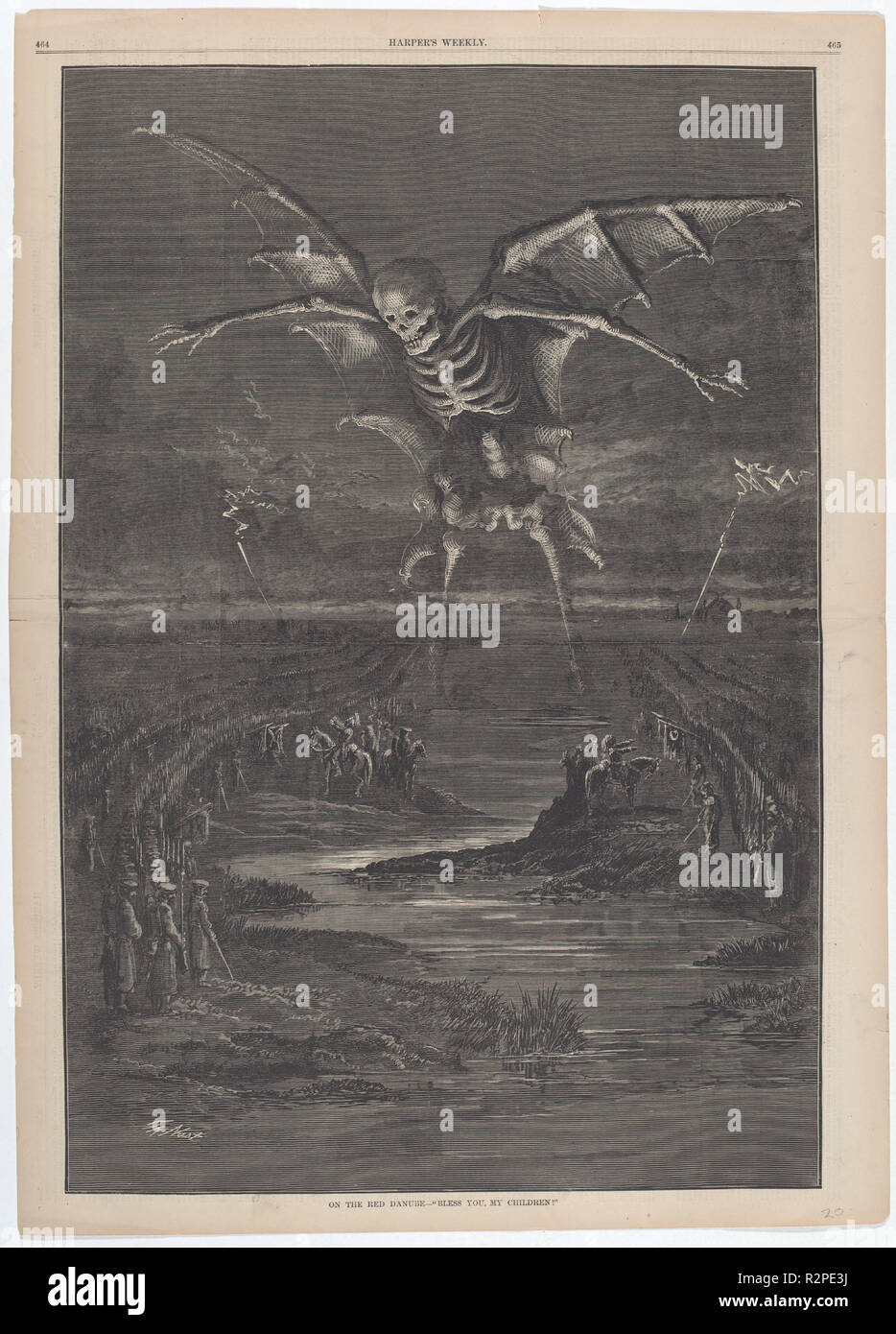 On the Red Danube. Dated: 1877. Dimensions: image: 50.96 × 34.45 cm (20 1/16 × 13 9/16 in.)  sheet: 55.25 × 39.69 cm (21 3/4 × 15 5/8 in.). Medium: wood engraving in black on newsprint, two-page centerfold. Museum: National Gallery of Art, Washington DC. Author: Thomas Nast. Stock Photo