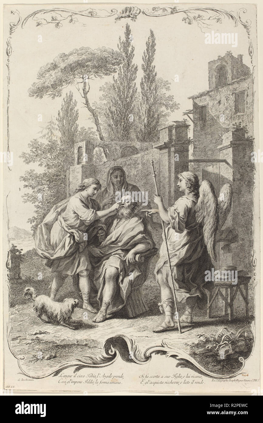 The Blind Tobias. Dated: c. 1745. Dimensions: sheet (trimmed to plate mark): 52 x 34.6 cm (20 1/2 x 13 5/8 in.). Medium: etching and engraving on laid paper. Museum: National Gallery of Art, Washington DC. Author: Joseph Wagner (publisher) after Giuseppe Zocchi. Stock Photo