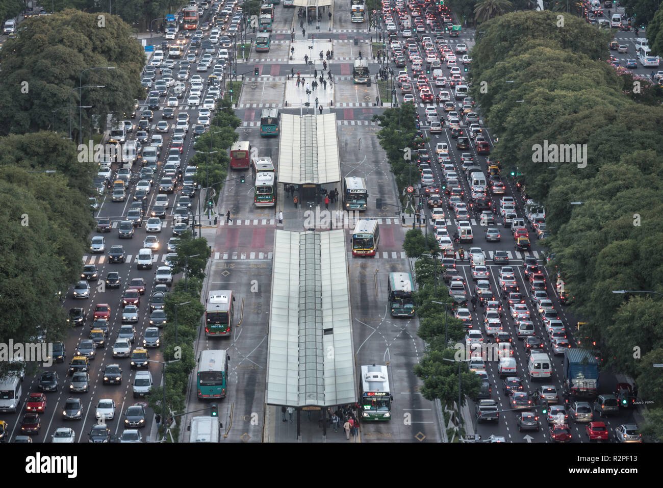 Buenos Aires, Argentina - May 4 2015: Rush hour, metrobus and traffic on the sreets of Buenos Aires city. This photo shows the 9 de Julio Avenue. Stock Photo