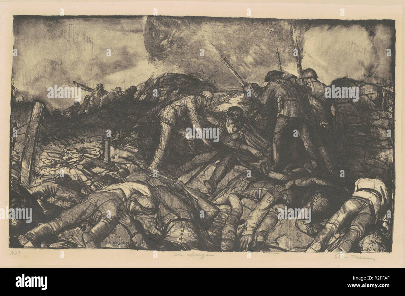 The Charge. Dated: 1918. Dimensions: image: 25.08 × 40.96 cm (9 7/8 × 16 1/8 in.)  sheet: 28.26 × 43.34 cm (11 1/8 × 17 1/16 in.)  support: 37.15 × 55.25 cm (14 5/8 × 21 3/4 in.). Medium: lithograph in black on chine collé. Museum: National Gallery of Art, Washington DC. Author: George Bellows. Stock Photo