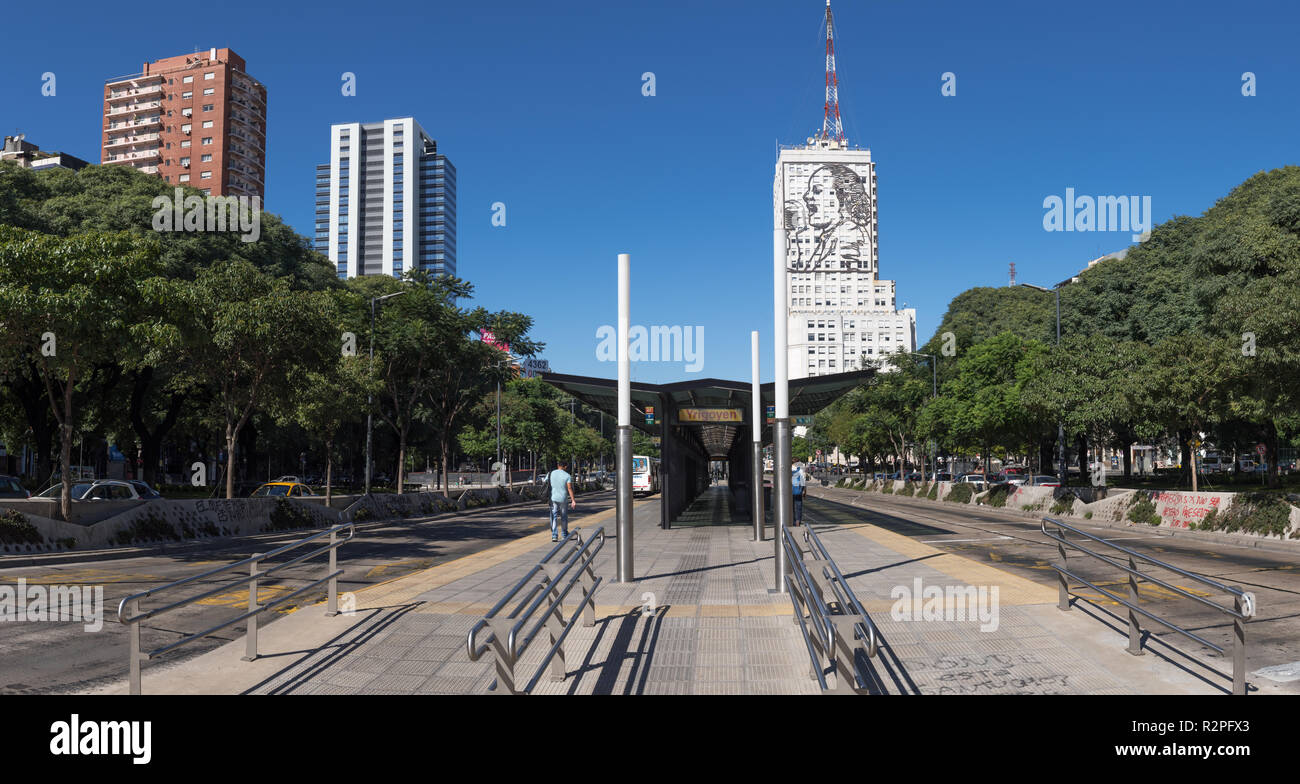 Buenos Aires, Argentina - April 14 2018: Avenue 9 de Julio and Metro bus of Buenos Aires city. This photo shows the downtown and Eva Peron. Stock Photo