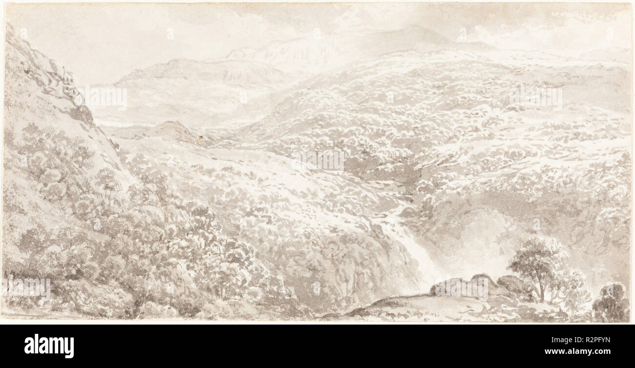 A Mountain Valley with a Waterfall. Dated: c. 1795. Dimensions: overall: 7.6 x 15.1 cm (3 x 5 15/16 in.). Medium: gray wash on wove paper. Museum: National Gallery of Art, Washington DC. Author: John Glover. Stock Photo