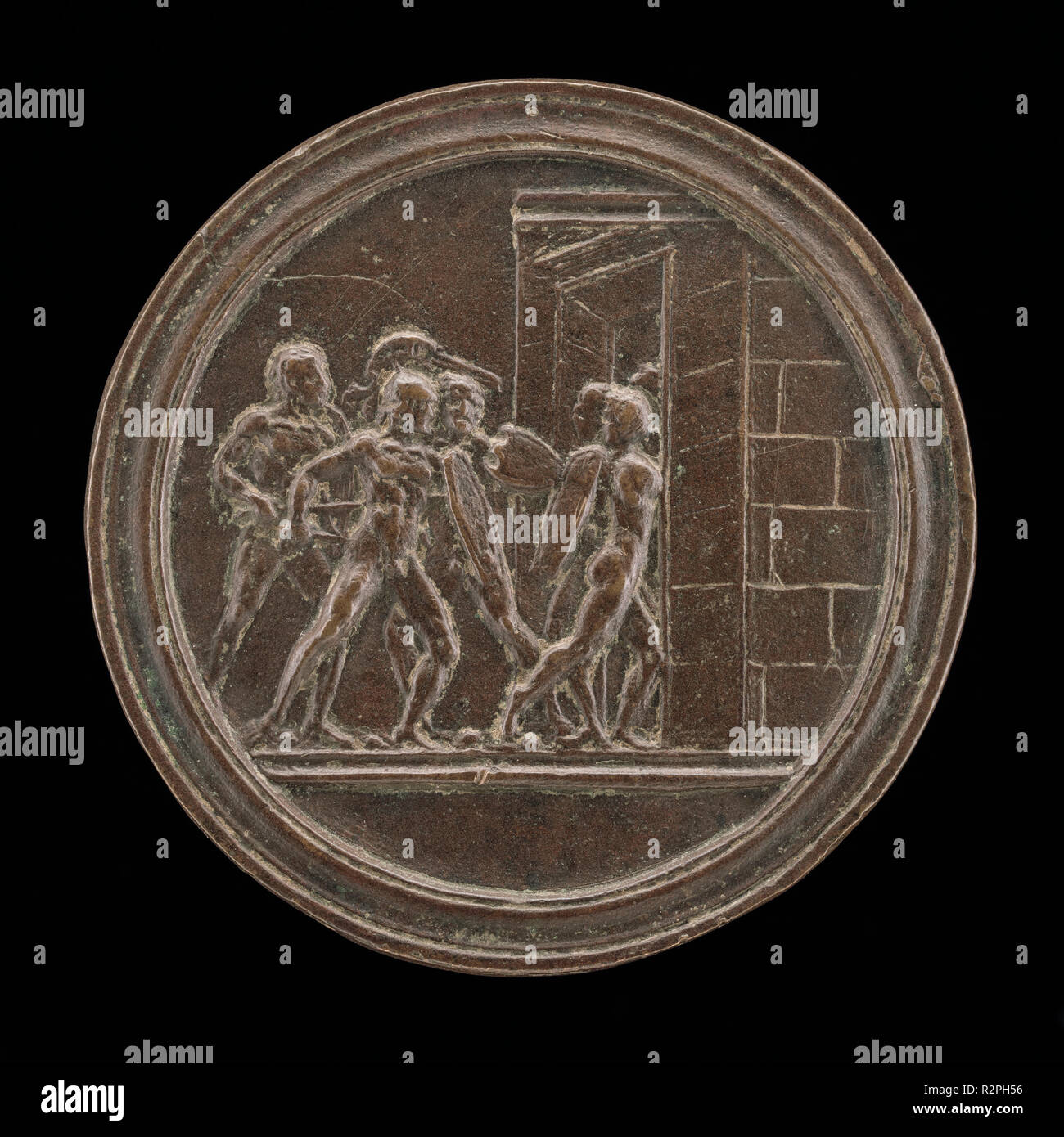 Soldiers Attacking a Gate. Dimensions: overall (diameter): 6.3 cm (2 1/2 in.) gross weight: 51 gr. Medium: bronze//Dark brown patina. Museum: National Gallery of Art, Washington DC. Author: Master of Coriolanus. Stock Photo