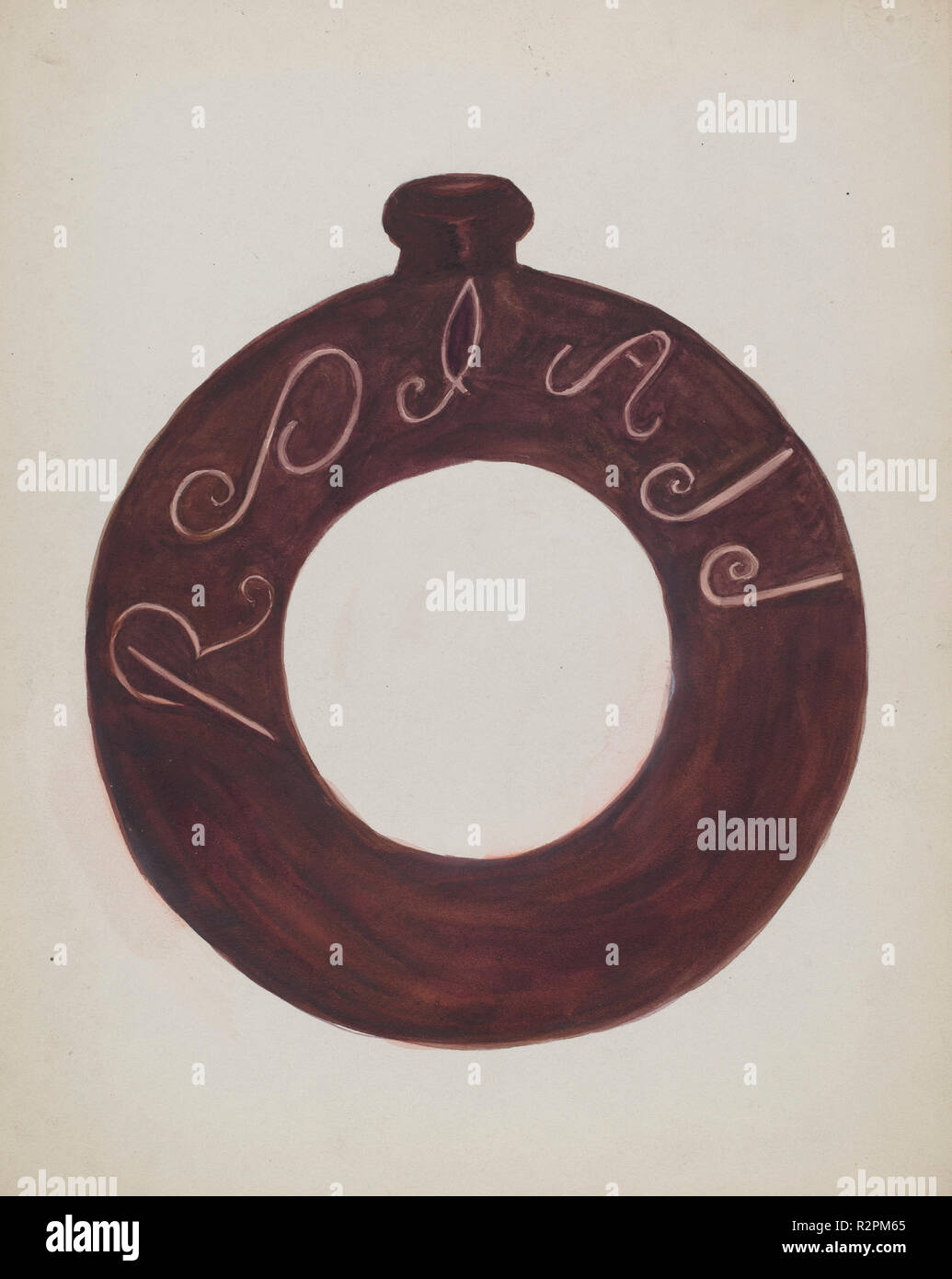 Pottery Bottle. Dated: c. 1936. Dimensions: overall: 28.3 x 23.1 cm (11 1/8 x 9 1/8 in.)  Original IAD Object: 7' Dia(outside circle)  3 1/2'(inside circle)  2' Deep(approx). Medium: watercolor and graphite on paper. Museum: National Gallery of Art, Washington DC. Author: Willoughby Ions. Stock Photo
