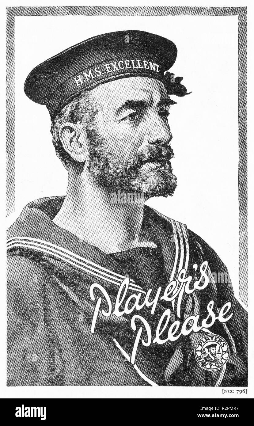 Halftone advertisement for Player's Navy cut cigarettes, featuring a sailor from HMS Excellent. Stock Photo