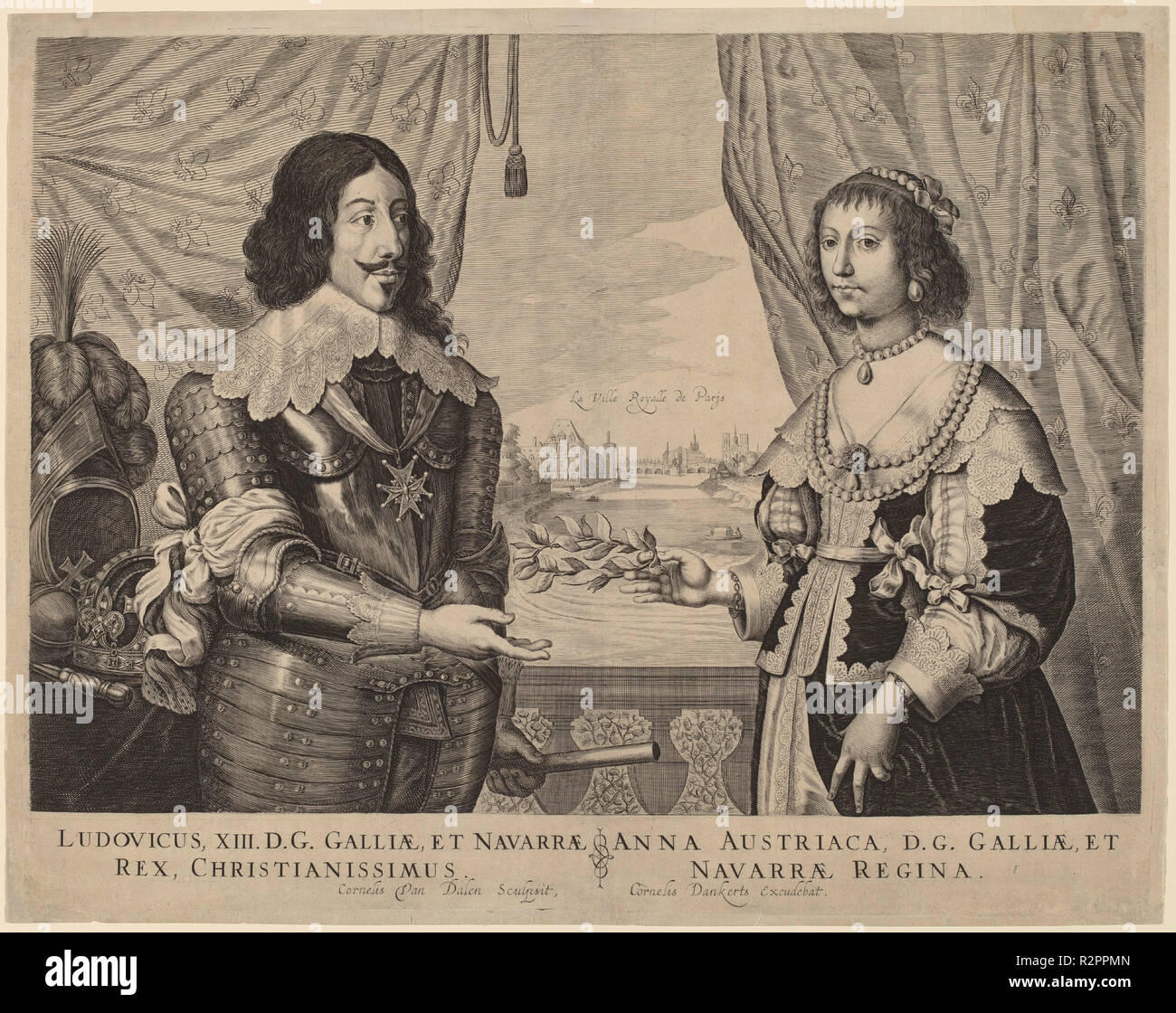 King Louis XIII of France and Anne of Austria. Dated: probably 1629. Medium: engraving. Museum: National Gallery of Art, Washington DC. Author: CORNELIS VAN DALEN I. Stock Photo