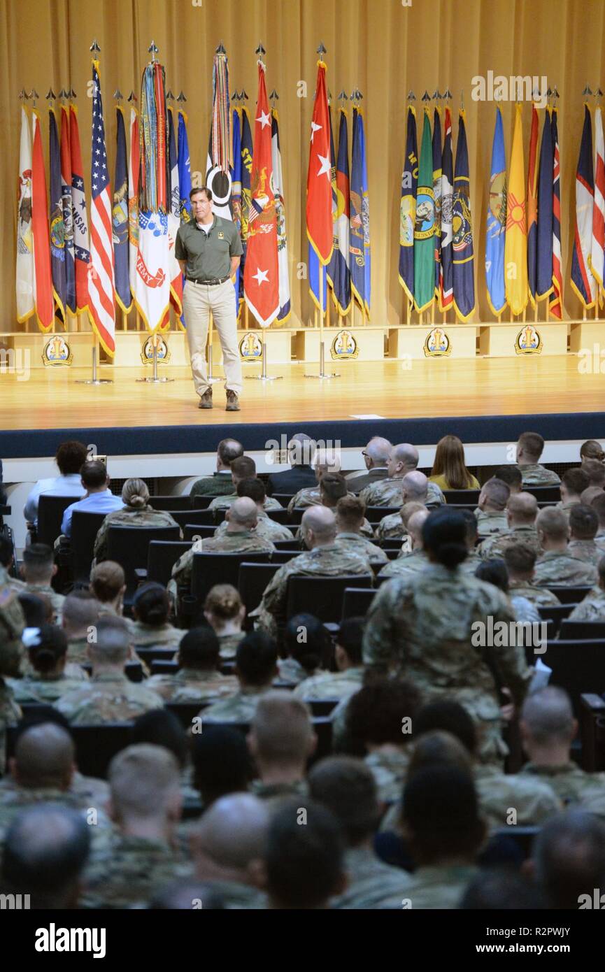 Secretary of the Army Dr. Mark T. Esper answers questions from the audience during a town hall meeting at Carey Theater, Joint Base Lewis McChord November 1st 2018. Stock Photo