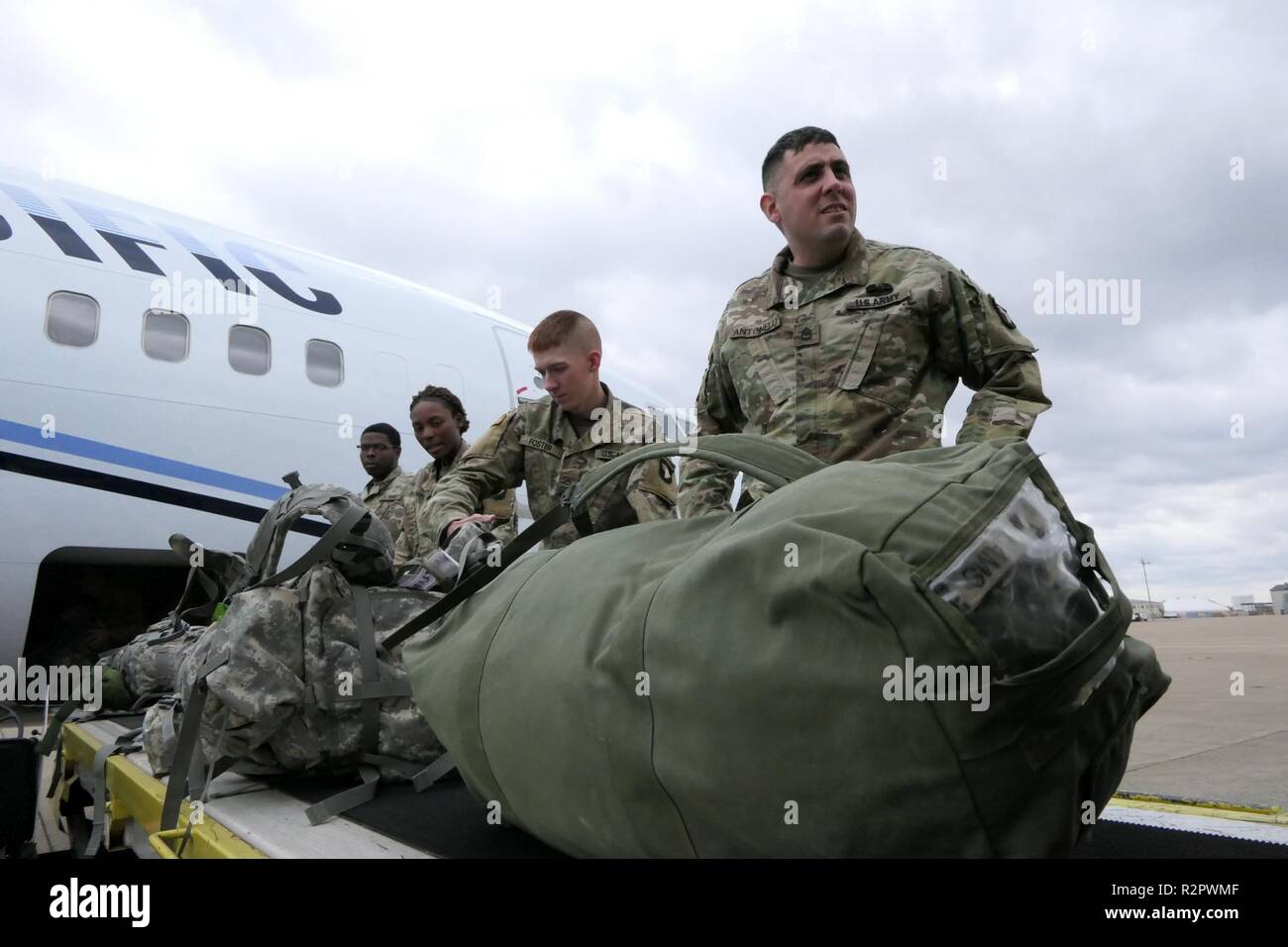 Personnel and equipment prepare for departure from Fort Campbell, Kentucky, Oct. 31, 2018, in support of Operation Faithful Patriot. As directed by the Department of Defense through Army headquarters, the 101st Airborne Division (Air Assault) and Fort Campbell are deploying Soldiers, equipment and resources to assist Department of Homeland Security along the southwest border. Military personnel will provide a range of support including planning assistance, engineering support, and logistics and transportation support. Stock Photo