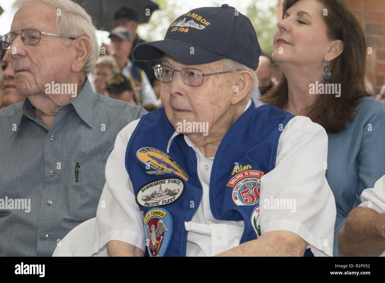 KINGS BAY, Georgia (Nov. 2, 2018) World War II Veteran Allen Holt listens to remarks during the Submarine Veterans of World War II Memorial Ceremony at Naval Submarine Base Kings Bay.  Holt served aboard the submarine USS Tambor (SS 198) during the war.  This is the 30th year Kings Bay has hosted the ceremony to pay tribute to all who served in the silent service during the war. Stock Photo