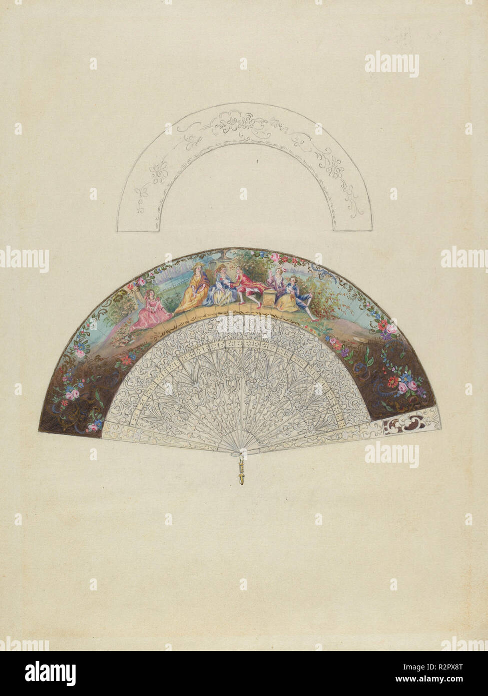 Fan. Dated: c. 1936. Dimensions: overall: 29.9 x 22.9 cm (11 3/4 x 9 in.). Medium: watercolor, graphite, and gouache on paperboard. Museum: National Gallery of Art, Washington DC. Author: Jessie M. Benge. Stock Photo