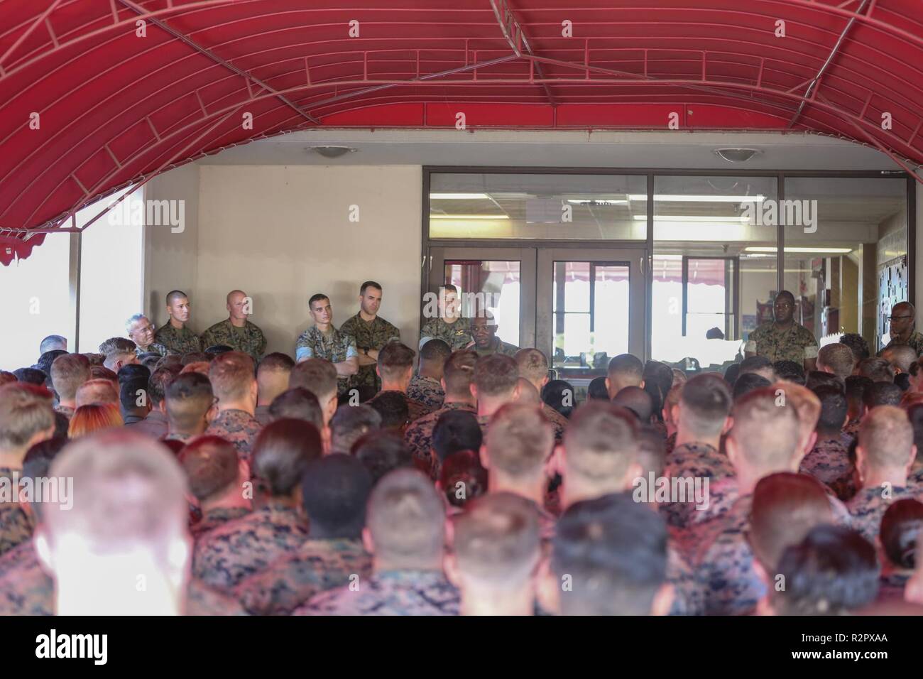 U.S. Marine Sgt. Maj. Ronald Green, Sgt. Maj. of the Marine Corps, addresses the Marines of Headquarters and Headquarters Squadron at Marine Corps Air Station Miramar, Calif., Nov. 2. Sgt. Maj. Green spoke about leadership, resiliency, the future of the Marine Corps and emphasized the importance of camaraderie between the Marines saying, "Every formation is a family reunion." Stock Photo