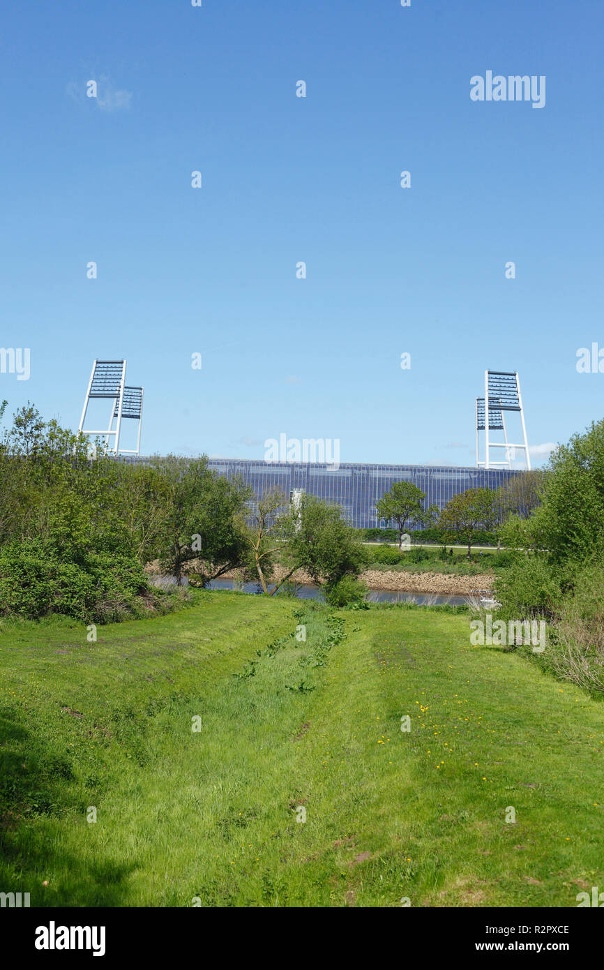 Weserstadion' football stadium with Weser River and meadow, Bremen, Germany, Europe Stock Photo