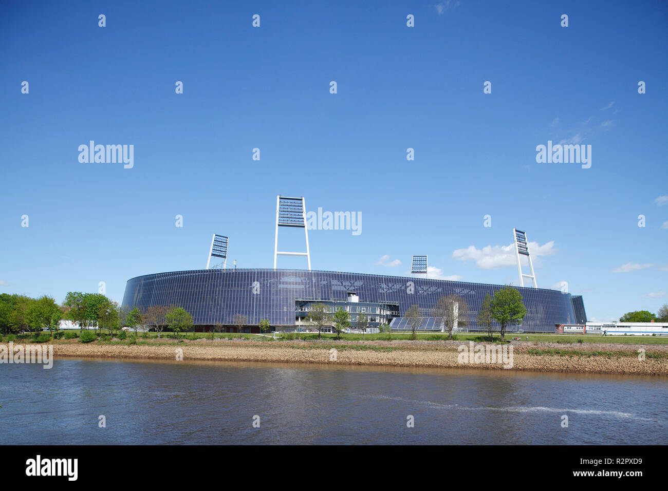 Weserstadion' football stadium with Weser River and cycle path, Bremen, Germany, Europe Stock Photo