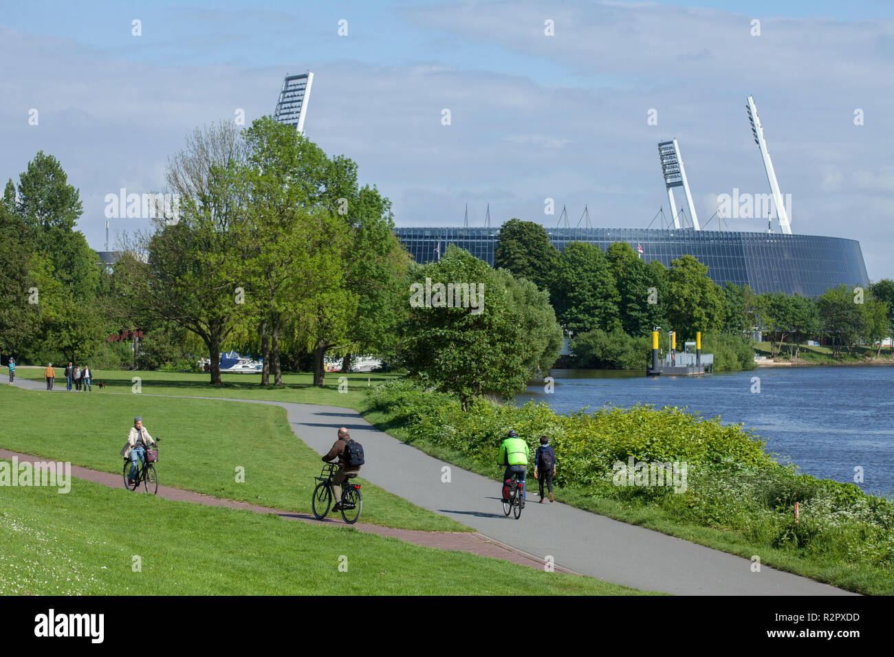 Weserstadion' football stadium with Weser River and cycle path, Bremen, Germany, Europe Stock Photo