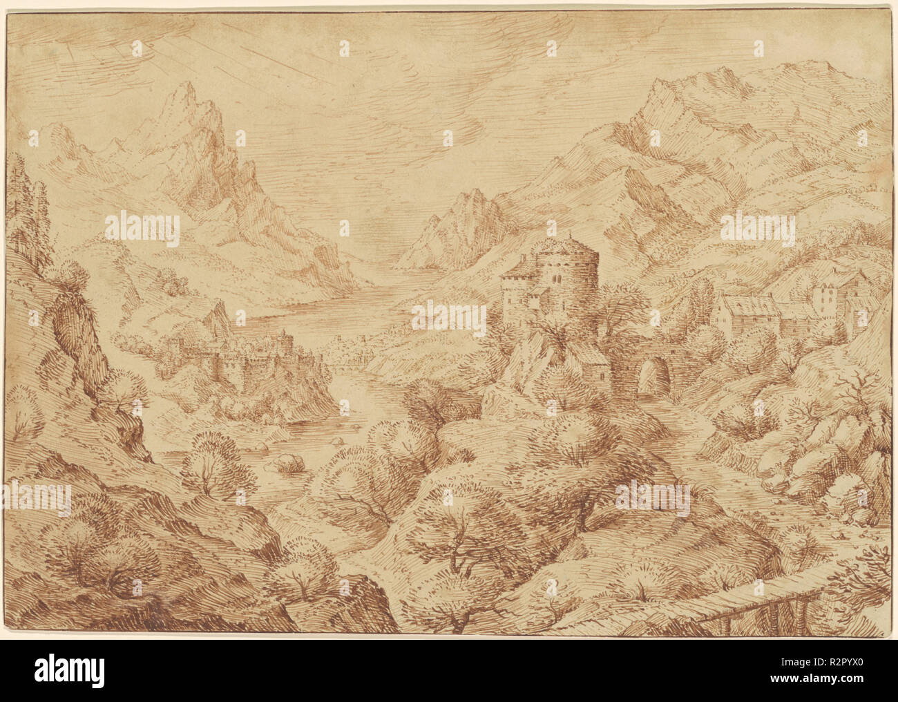 Panoramic River Landscape. Dated: c. 1590. Dimensions: sheet: 23.1 × 33.2 cm (9 1/8 × 13 1/16 in.). Medium: pen and brown ink over traces of black chalk on laid paper. Museum: National Gallery of Art, Washington DC. Author: Jacob Savery I. Stock Photo
