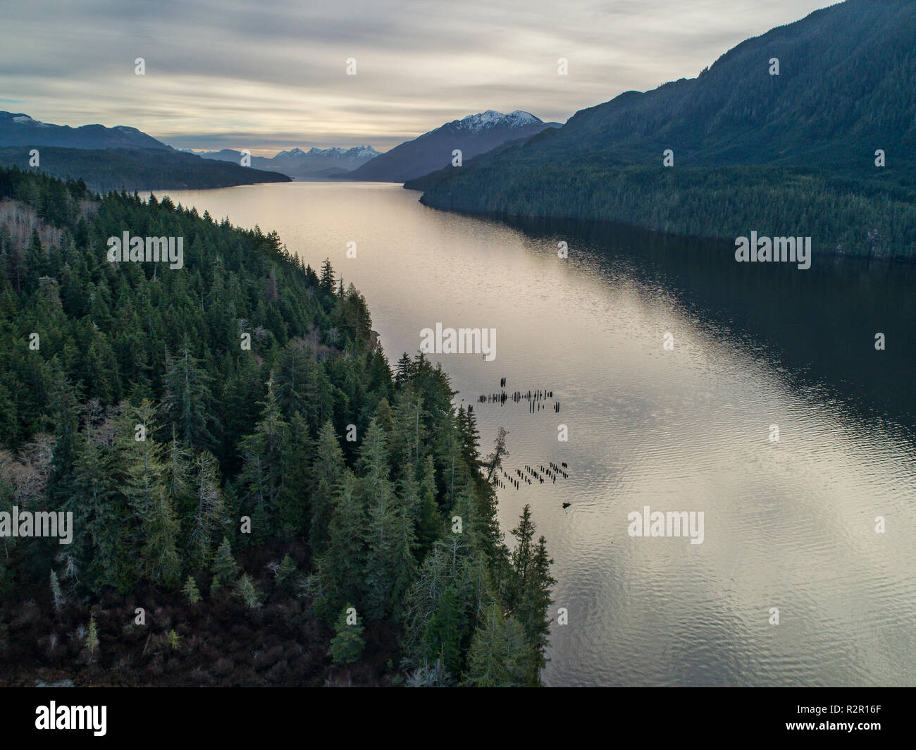 Drone image aerial view of Nimpkish Lake in Nimpkish Valley, northern Vancouver Island, British Columbia, Canada Stock Photo
