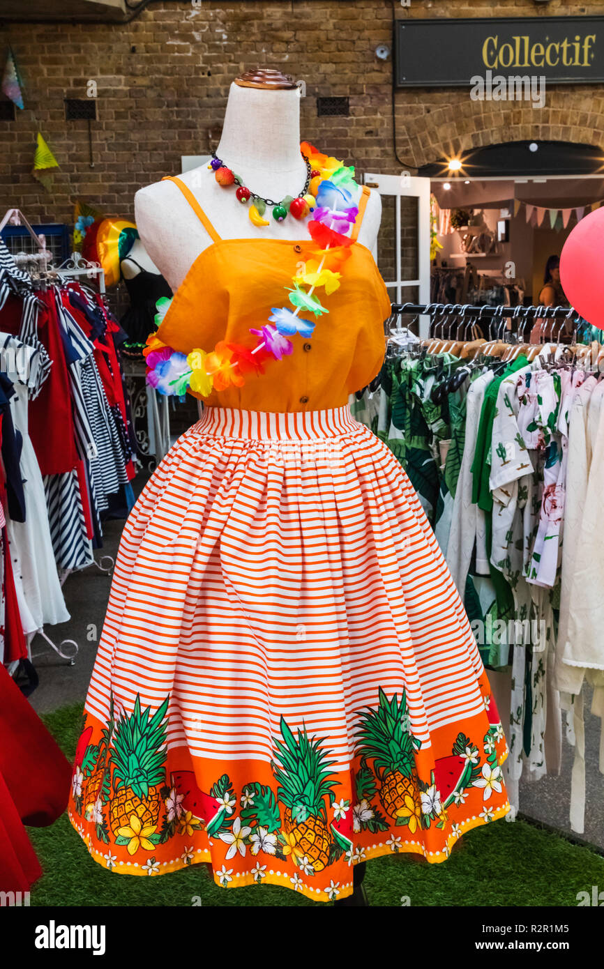 England, London, Shoreditch, Spitafields Market, Stall Display of Vintage Style Womens Dresses Stock Photo