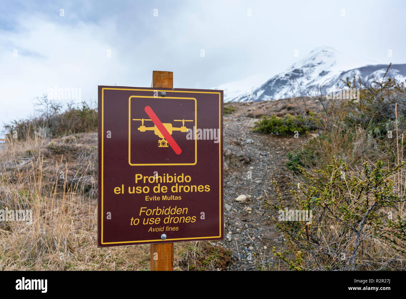 No drone sign in a national park in Argentina Stock Photo