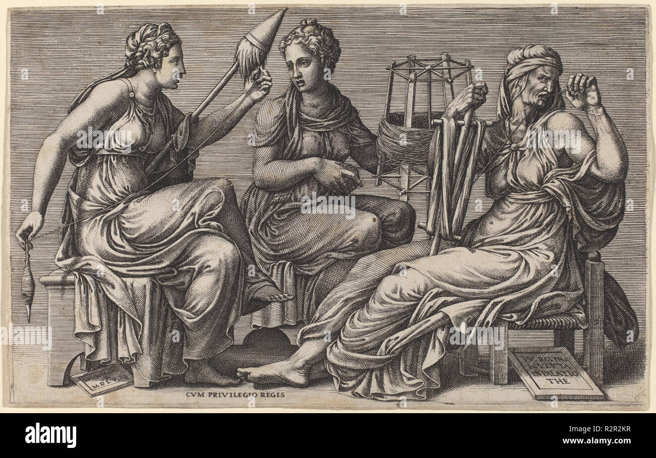 The Three Fates. Dated: 1558. Dimensions: plate: 13.8 x 22.2 cm (5 7/16 x 8 3/4 in.)  sheet: 14 x 22.4 cm (5 1/2 x 8 13/16 in.). Medium: engraving on laid paper. Museum: National Gallery of Art, Washington DC. Author: Giorgio Ghisi after Giulio Romano. Stock Photo