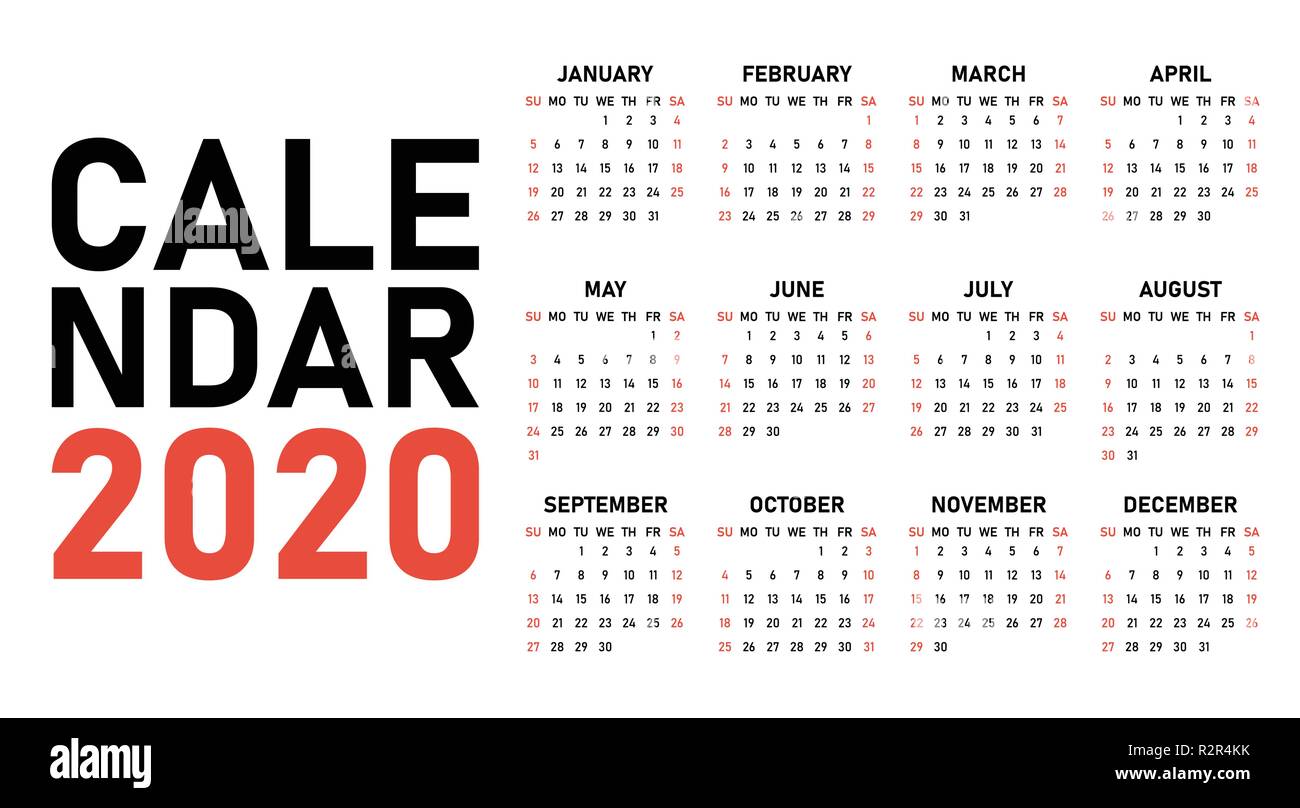 2020 Calendar Design Template Vector Illustration Simple Clear Week Start on Sunday Stock Vector