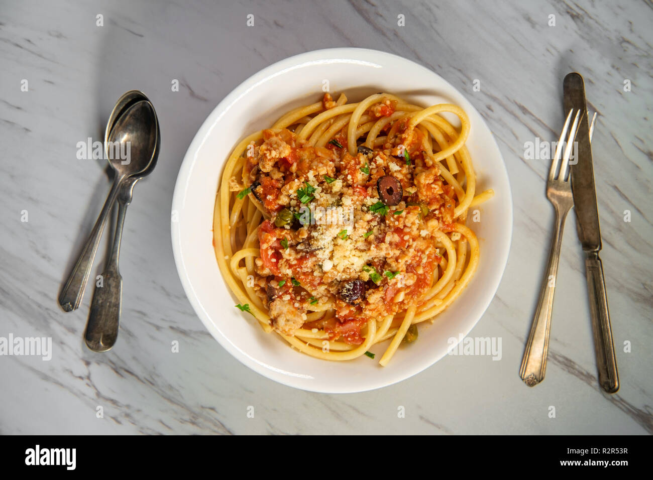 Bucatini Italian ragu alla Bolognese sauce with sausage and toasted