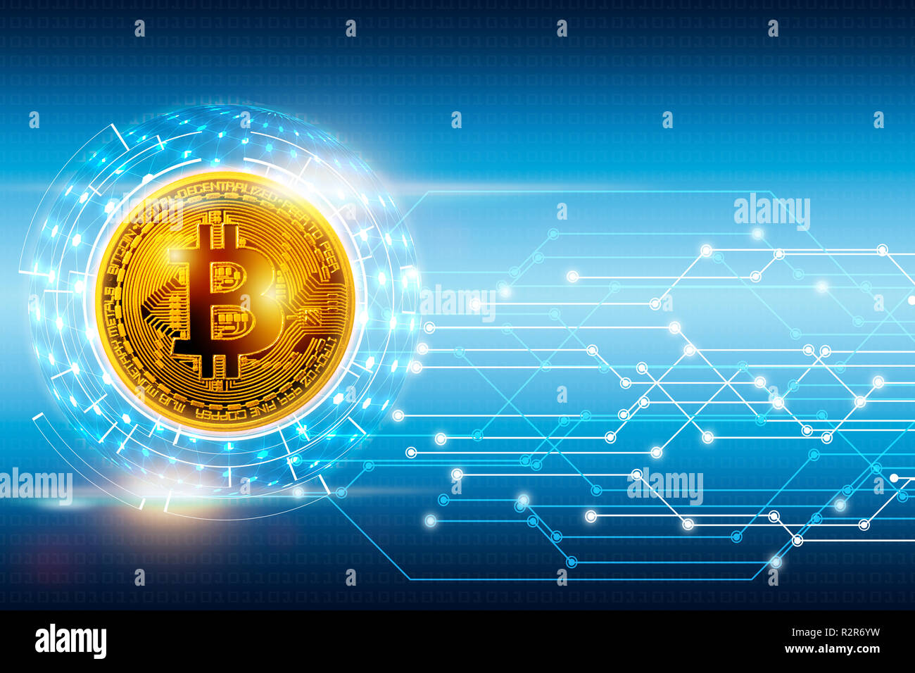 abstract digital global network connection and bitcoin concept on blue background Stock Photo