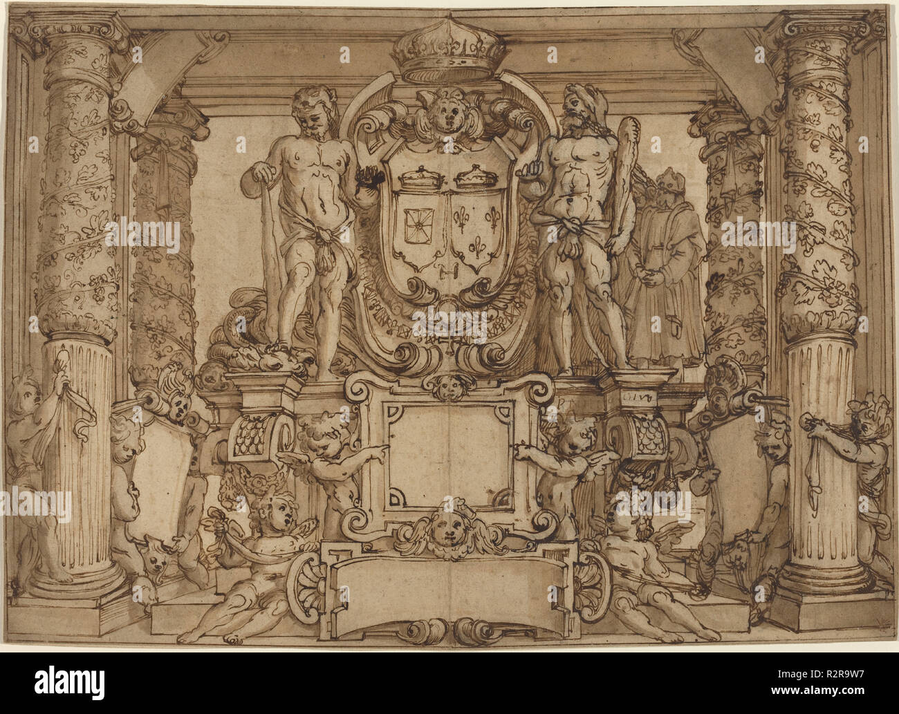 An Architectural Wall Design in Honor of Henry IV, the Gallic Hercules. Dated: c. 1600. Dimensions: overall: 33.2 x 46.6 cm (13 1/16 x 18 3/8 in.). Medium: pen and brown ink with brown wash over graphite on laid paper. Museum: National Gallery of Art, Washington DC. Author: Antonio Tempesta or Agostino Ciampelli. Stock Photo