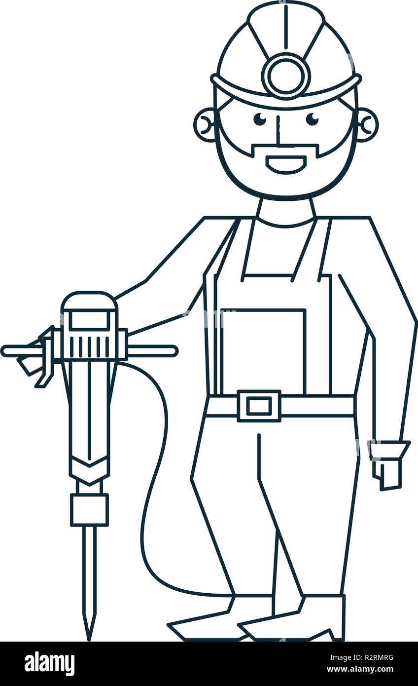 Mining worker with helmet and drill in black and white vector ...