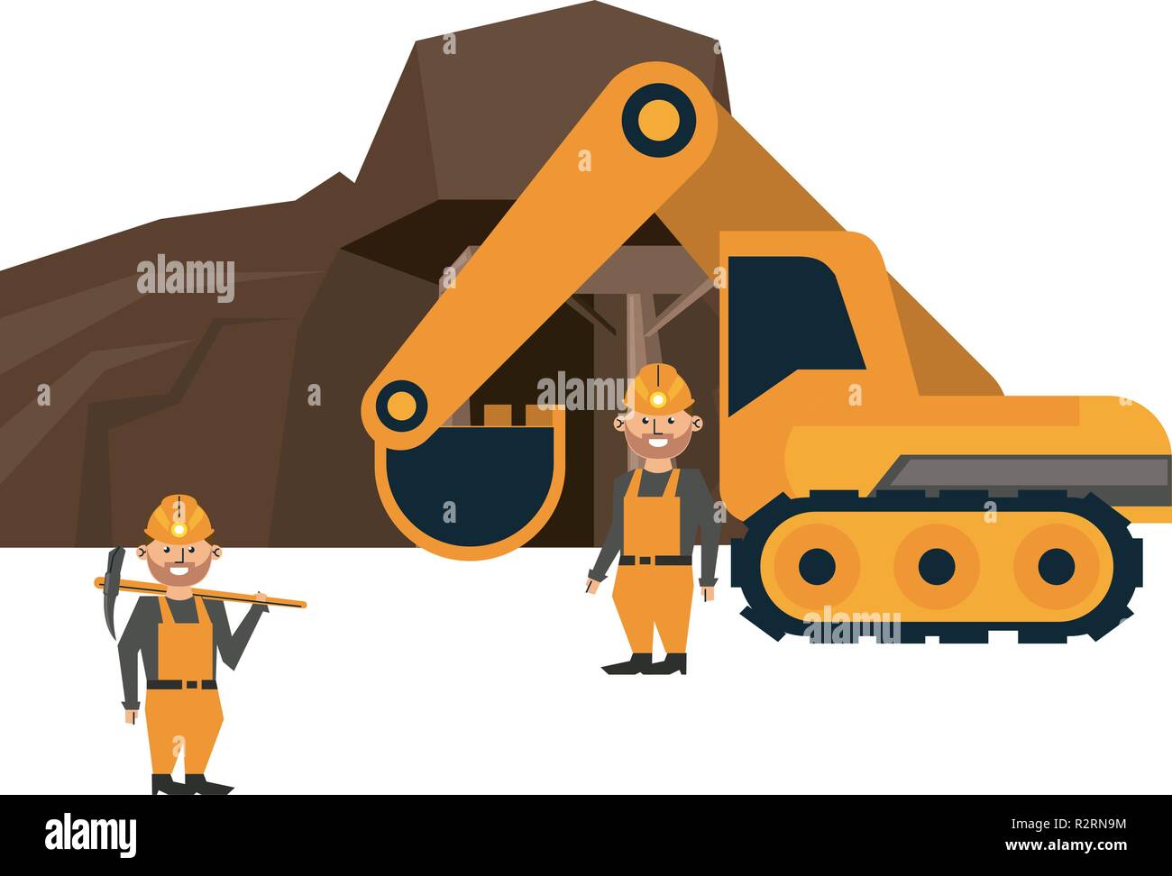 Ming cave with workers and backhoe vector illustration graphic design Stock Vector